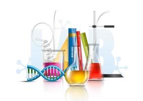 3d realistico vettore illustrazione. molecolare bio tecnologie nel laboratorio cristalleria, tubi e bicchieri. biologia e medicinale.
