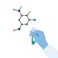 chimico del ricercatore mano nel un' gomma da cancellare guanto Tenere test tubo con alcuni sostanza. molecola di biologico sostanza. laboratorio ricerca. vettore illustrazione.