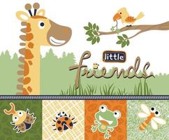 divertente giraffa con uccello e bug nel foresta. vettore cartone animato illustrazione