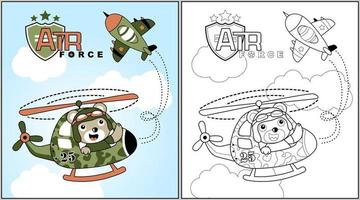 carino orso pilota su elicottero con militare aereo, colorazione libro o pagina, vettore cartone animato illustrazione