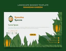 Ramadan kareem bandiera modello con lanterna e verde le foglie sfondo design vettore