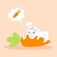 carino bianca Pasqua coniglietto dorme su grande carota. cartone animato vettore illustrazione.