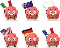 fragola torta cartone animato personaggio portare il bandiere di vario paesi vettore