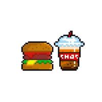 hamburger e cioccolato bevanda nel pixel arte stile vettore
