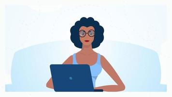 donna con il computer portatile libero professionista o studia concetto. carino illustrazione nel piatto stile. vettore