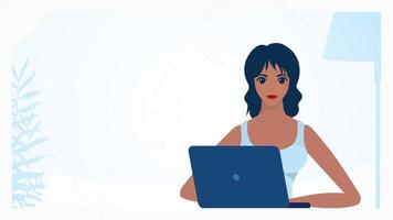 donna con il computer portatile concetto di opera, formazione scolastica e acquisti. carino illustrazione nel piatto stile. vettore