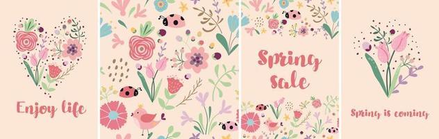 primavera floreale bandiera impostare. mano disegnato rosa fiori. primavera vendita modello, tulipani, insetto. vettore illustrazione. carino rosa molla, estate natura sfondo, carte.
