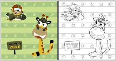 vettore cartone animato di divertente giraffa con poco orso su aereo, colorazione libro o pagina
