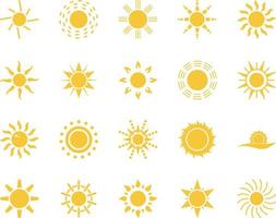 sole. estate tempo icona impostare. impostato di giallo icone di il sole, isolato su bianca sfondo . vettore