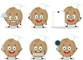 cartone animato personaggio di Marrone Noce di cocco con vario capocuoco emoticon vettore