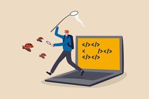 programmazione debug ricerca di bug del software applicativo e correzione del concetto di codice, giovane programmatore nerd, programmatore o tester software in esecuzione dal laptop del computer utilizzando strumenti di debug per catturare coccinelle. vettore