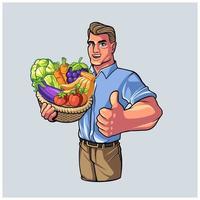 uomo Tenere mescolare di verdure e frutta fresco raccogliere portafortuna logo vettore