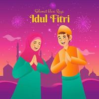 selamat hari raya idul Fitri è un altro linguaggio di contento eid mubarak nel indonesiano. cartone animato musulmano bambini benedizione eid al Fitr con moschea su sfondo vettore