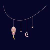 sospeso Ramadhan lanterna lampada con candela leggero e sospeso stelle e mezzaluna Luna nel rosa pendenza grafico elemento per Ramadan Festival decorazione design vettore