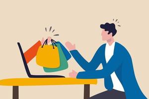 shopping online e consegna espressa, sito Web di e-commerce per ordinare tramite il concetto di Internet, giovane uomo seduto a casa utilizzando il computer portatile per ordinare merci dal sito Web con mano aiutando a consegnare le borse della spesa. vettore