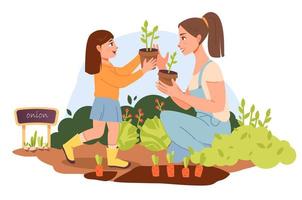 mamma e figlia siamo piantare fiori nel il giardino. biologico giardinaggio. cartone animato piatto vettore illustrazione.