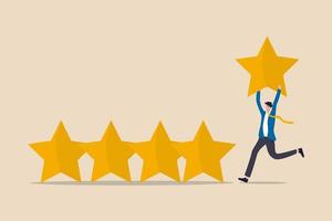 esperienza utente, valutazione delle stelle di feedback dei clienti o concetto di valutazione di affari e investimenti, uomo d'affari che tiene la stella gialla dorata da aggiungere alla valutazione di 5 stelle. vettore