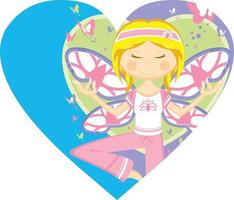 carino cartone animato yoga ragazza con Ali e farfalle nel cuore vettore
