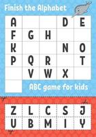 finire l'alfabeto. gioco abc per bambini. tagliare e incollare. foglio di lavoro per lo sviluppo dell'istruzione. gioco di apprendimento per bambini. pagina delle attività a colori. vettore