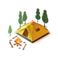 3d partire campeggio concetto elementi plastilina cartone animato stile includere di piccolo tenda e fuoco di bivacco con legna da ardere. vettore illustrazione