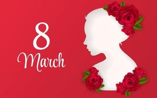 8 marzo saluto bandiera con rosso realistico Rose fiore mazzo. donna tagliare su silhouette, Da donna giorno sito web intestazione vettore illustrazione. modello per pubblicità, ragnatela, sociale media