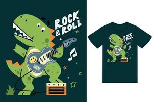 carino dinosauro giocando chitarra illustrazione con maglietta design premio vettore