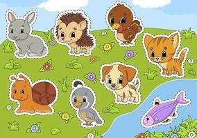 impostare gli animali. simpatici personaggi dei cartoni animati. clipart dell'animale domestico. disegnato a mano. confezione colorata. illustrazione vettoriale. collezione di badge patch. elementi di design dell'etichetta. per pianificatore quotidiano, diario, organizzatore. vettore