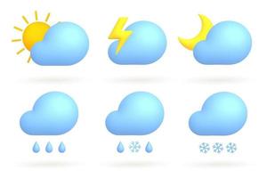 3d cartone animato tempo metereologico icone impostare. sole, Luna, fulmine, nuvole, piovere, neve. vettore