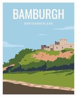 panorama castello su collina nel bamburgo, Northumberland. vettore illustrazione paesaggio con colorato stile adatto per manifesto, cartolina, carta, Stampa