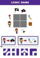 formazione scolastica gioco per bambini logica puzzle costruire il strada per pirata equipaggio mossa per cappello spada e gancio stampabile pirata foglio di lavoro vettore