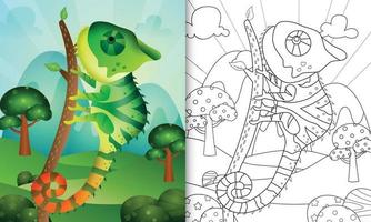 libro da colorare per bambini con un simpatico personaggio di camaleonte vettore