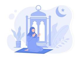 un' donna preghiere a Ramadan, eid al Fitr momento illustrazione. moderno vettore piatto illustrazione
