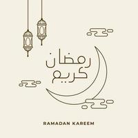 Ramadan kareem semplice linea calligrafia su il mezzaluna Luna con nube e lanterna lampada per islamico digiuno mese celebrazione manifesto vettore illustrazione design. Arabo traduzione Ramadan kareem