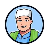 avvicinamento ritratto di un' musulmano maschio personaggio indossare un' musulmano berretto, copia, songkok. il giro, cerchio avatar icona per sociale media, utente profilo, sito web, app. linea cartone animato stile. vettore illustrazione.