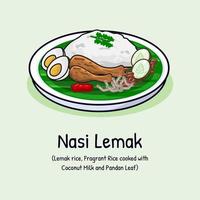 nasi lemak o Noce di cocco latte riso con Sambal fritte croccante acciughe tostato arachidi e cetriolo tradizionale Malaysia cibo bene gusto vettore