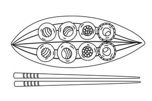 tradizionale giapponese Sushi e rotoli, e bastoncini servendo su foglia vettore