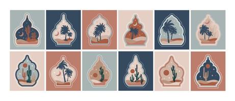 collezione di orientale stile islamico finestre, palma alberi, cactus e deserto vettore