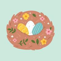 Pasqua uova nel un' primavera nido con fiori. Pasqua carta. contento Pasqua. carino primavera illustrazione. vettore