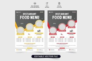 ristorante aviatore decorazione con un' cibo menù e sconto offrire sezione. ristorante manifesto design con foto segnaposto. cibo menù aviatore modello vettore con giallo e rosso colori.