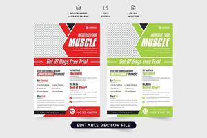 professionale Palestra formazione servizio promozionale aviatore vettore con verde e rosso colori. fitness e bodybuilding centro annuncio pubblicitario manifesto design con foto segnaposto. Palestra attività commerciale marketing volantino.