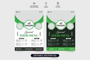 biologico cibo menù e ristorante aviatore design con verde e buio colori. speciale ristorante promozionale modello vettore con foto segnaposto. creativo ristorante aviatore e manifesto design.