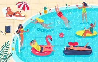 nuoto piscina festa. uomini e donne nel costume da bagno prendere il sole, potabile cocktail, rilassante. estate festa, acqua attività vettore illustrazione