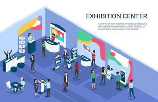 isometrico expo. esposizione centro con le persone, mostra mostra, sta in piedi, cabine. digitale marketing, prodotti promozione evento 3d vettore illustrazione
