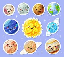 pianeta adesivi. cartone animato pianeti con carino facce. sole, terra, Luna, Marte etichetta. divertente solare sistema pianeti personaggi per bambini vettore impostato