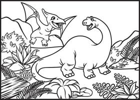 colorazione pagina di brontosauri e pterodattillo vettore