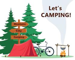 turista campeggio concetto o striscione. campeggio tenda con puntatore, abete alberi, bicicletta e un' falò. gli sport, avventure nel natura, ricreazione e turismo vettore manifesto piatto illustrazione.