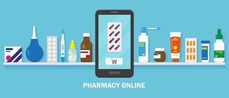 in linea farmacia concetto. medicazione su il mensola e smartphone per acquisto su il blu sfondo. vettore illustrazione.