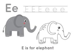 pagina da colorare e tracciare con la lettera e e un elefante simpatico cartone animato. vettore
