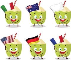 verde Noce di cocco cartone animato personaggio portare il bandiere di vario paesi vettore
