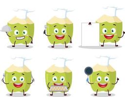 cartone animato personaggio di verde Noce di cocco con vario capocuoco emoticon vettore